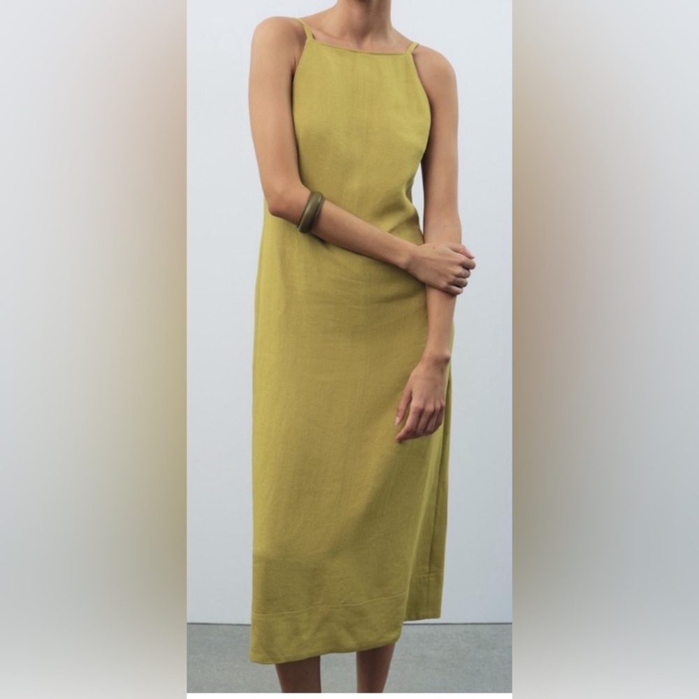 Zara Olive  oil Green Midi dress/ Linen blend/ Size XS